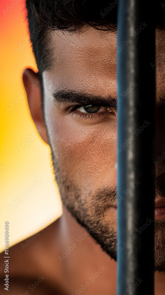 A shirtless man behind bars looking at the camera A shirtless man behind bars looking at the camera