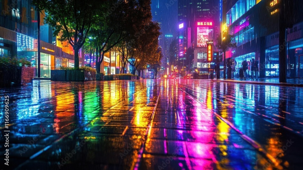 A vibrant, rainy cityscape reflecting colorful lights at night. A vibrant, rainy cityscape reflecting colorful lights at night.