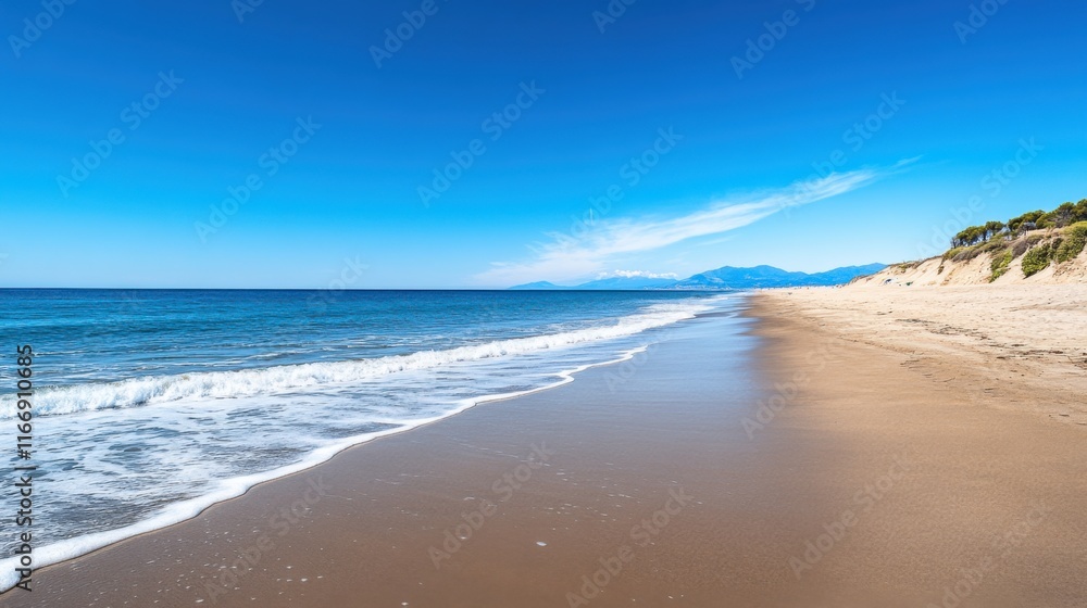Tranquil beach scene with gentle waves and clear blue skies under bright sunlight by the ocean shore Tranquil beach scene with gentle waves and clear blue skies under bright sunlight by the ocean shore