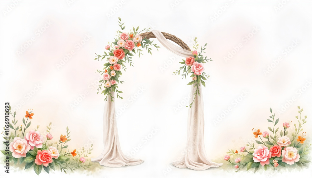 Fototapeta premium Elegant floral wedding arch with soft fabric draping and colorful roses for romantic designs