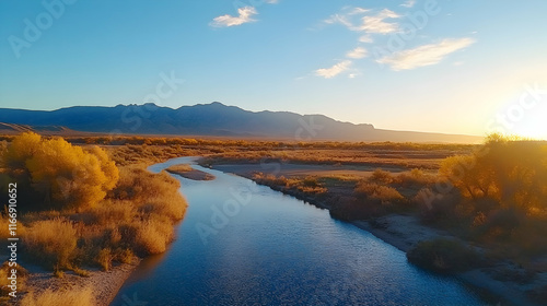 Autumn sunset over river, mountains, and golden trees. Peaceful landscape for travel brochures, calendars, or nature documentaries.