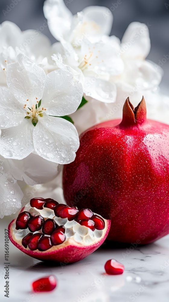 A pomegranate and some white flowers on a table A pomegranate and some white flowers on a table