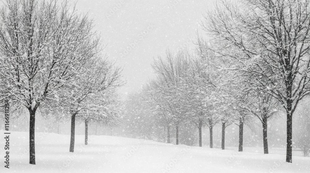 A serene winter landscape with snow-covered trees and falling snowflakes. A serene winter landscape with snow-covered trees and falling snowflakes.