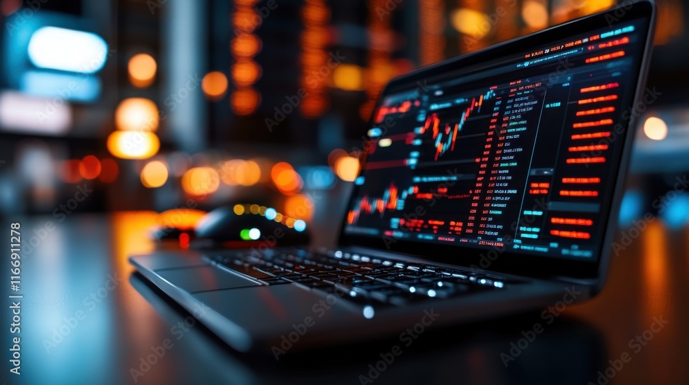 Laptop with Stock Market Data Displayed on Screen Illuminated in Dark Environment with Colorful Lights Laptop with Stock Market Data Displayed on Screen Illuminated in Dark Environment with Colorful Lights