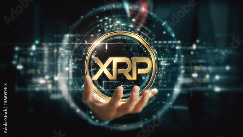 A visionary businessman extends his hand, unveiling a vibrant futuristic holographic display showcasing global crypto trading, business analytics, stock exchanges, and market trends