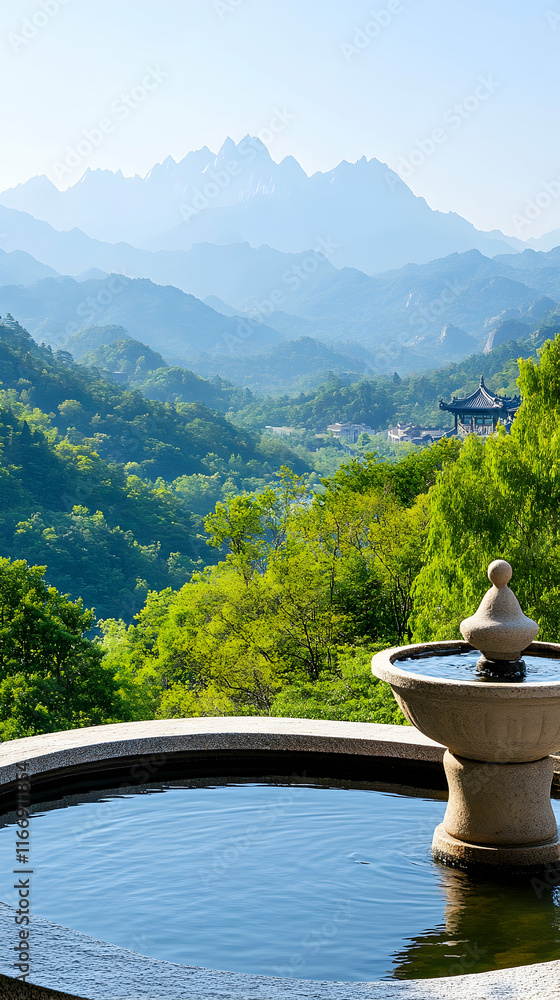 Serene mountain view from a temple fountain. Peaceful landscape, tranquil atmosphere, ideal for meditation or travel brochures. Serene mountain view from a temple fountain. Peaceful landscape, tranquil atmosphere, ideal for meditation or travel brochures.
