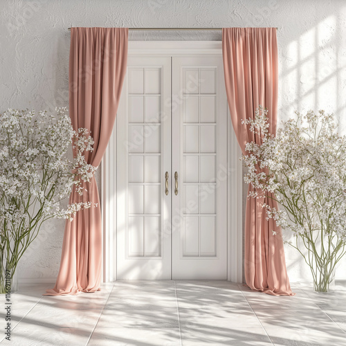 Enchanted Garden Photography Backdrop: Whimsical Garden Setting with Blue and Pink Florals, Lace, and Flowing Curtains for Photoshoots	
