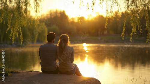 Romantic Young Couple by the Water at Sunset Serene Nature Scene Love and Togetherness photo