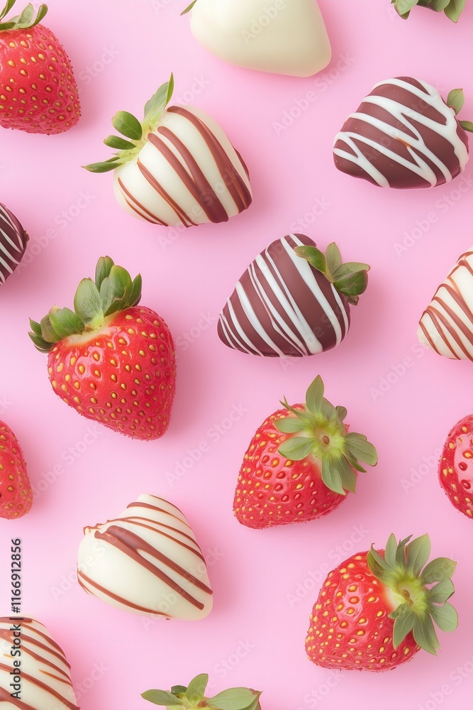chocolate-dipped strawberries drizzled with white and dark chocolate, scattered over a pastel pink background for Valentines day chocolate-dipped strawberries drizzled with white and dark chocolate, scattered over a pastel pink background for Valentines day