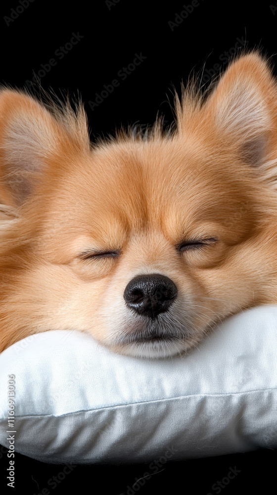 A small dog sleeping on a pillow on a black background A small dog sleeping on a pillow on a black background