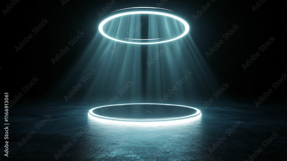 Glowing circular platform, illuminated, dark background. Glowing circular platform, illuminated, dark background.