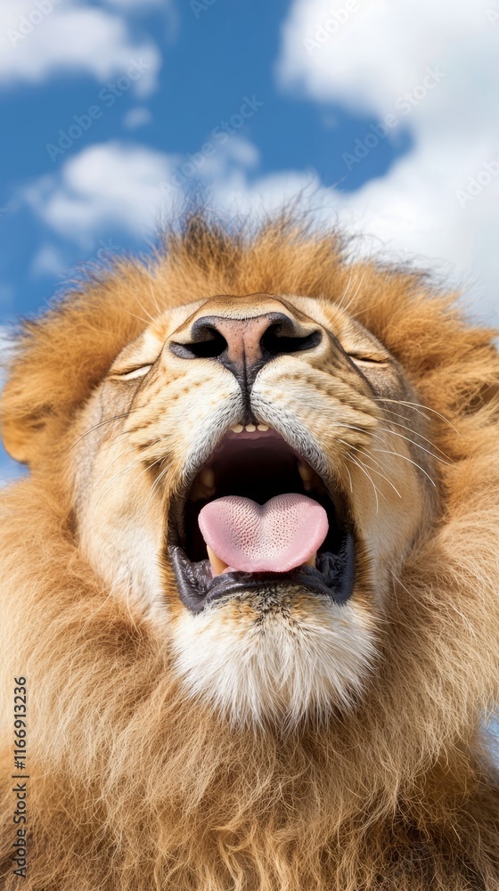 Fototapeta premium A close up of a lion yawning with its mouth open