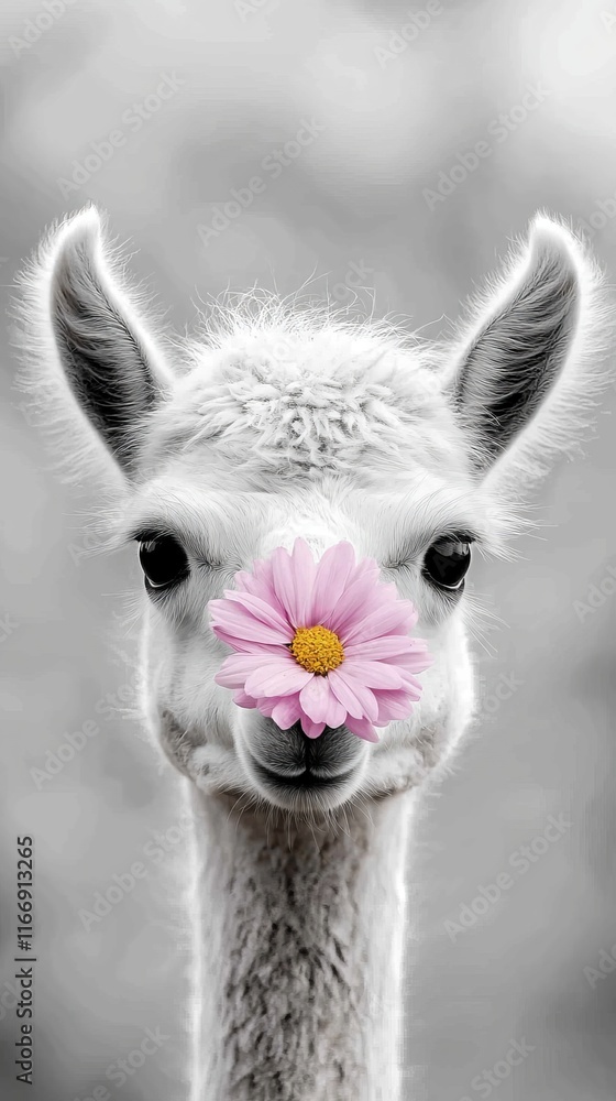Obraz premium A white llama with a pink flower in its mouth