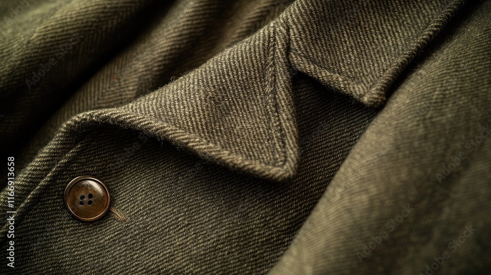 Close-up of Olive Green Fabric with Button on Stylish Coat Close-up of Olive Green Fabric with Button on Stylish Coat