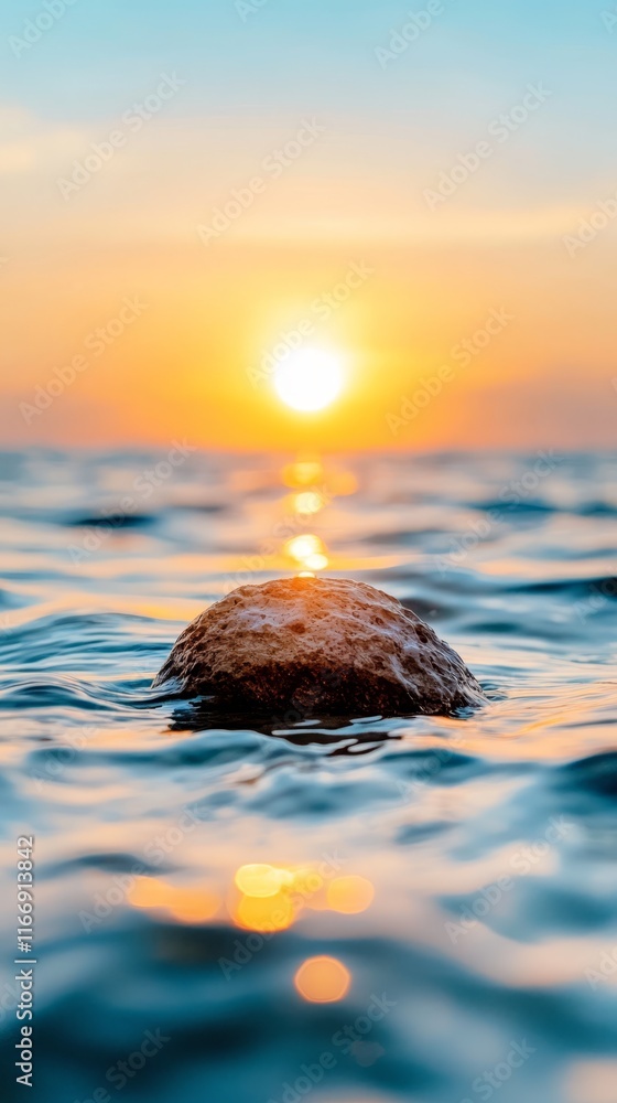 A rock in the middle of the ocean with the sun setting in the background A rock in the middle of the ocean with the sun setting in the background