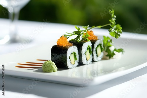 Gourmet sushi presentation elegant dining setting food photography outdoor ambiance close-up view culinary art photo