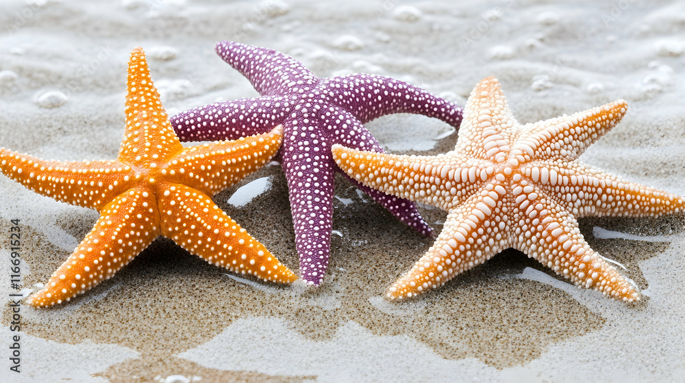 Three starfish on a sandy beach, gentle waves lapping, summer vacation, ocean life, relaxing background. Three starfish on a sandy beach, gentle waves lapping, summer vacation, ocean life, relaxing background.