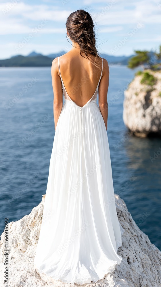A woman in a white dress standing on a rock by the water A woman in a white dress standing on a rock by the water