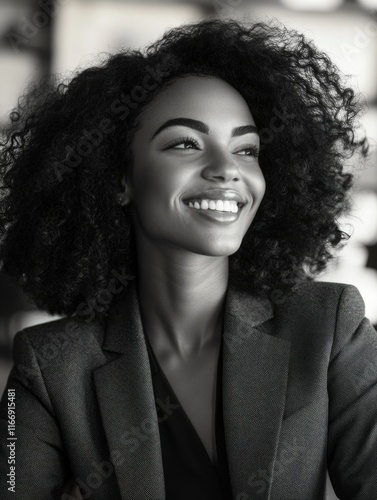 Elegant Smiling Woman with Curly Hair, Wearing a Blazer and Bracelets photo