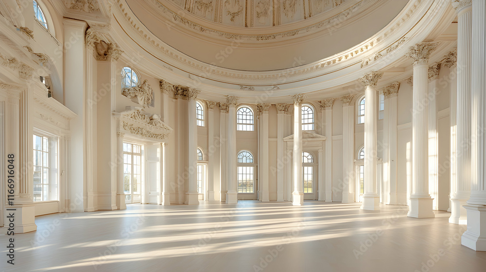 Obraz premium Grand ballroom, sunlight, neoclassical architecture, spacious interior, event venue.