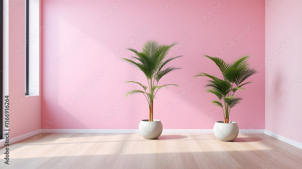 Modern Interior with Potted Palm Trees, Gradient Walls, and Wooden Flooring Modern Interior with Potted Palm Trees, Gradient Walls, and Wooden Flooring
