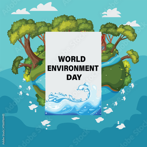 A World Environment Day design showcasing a lush green environment with trees, water, and the Earth, emphasizing environmental preservation and sustainability