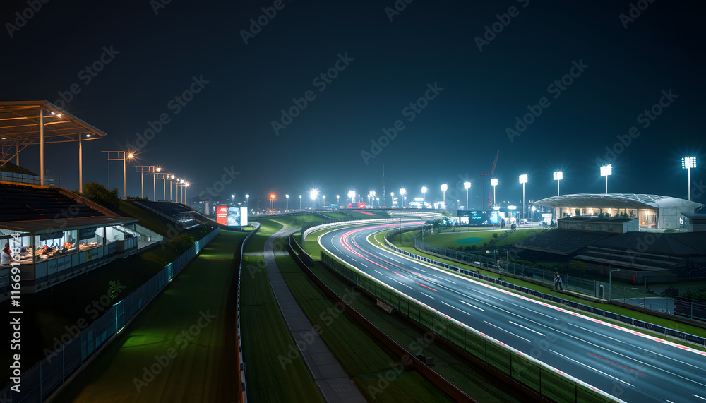 Night scene modern international race track. isolated with white highlights Night scene modern international race track. isolated with white highlights