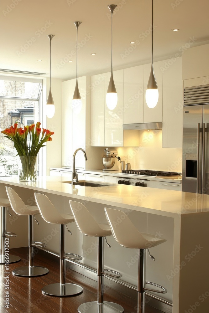 Modern kitchen with sleek design, bar stools, and fresh flowers. Modern kitchen with sleek design, bar stools, and fresh flowers.