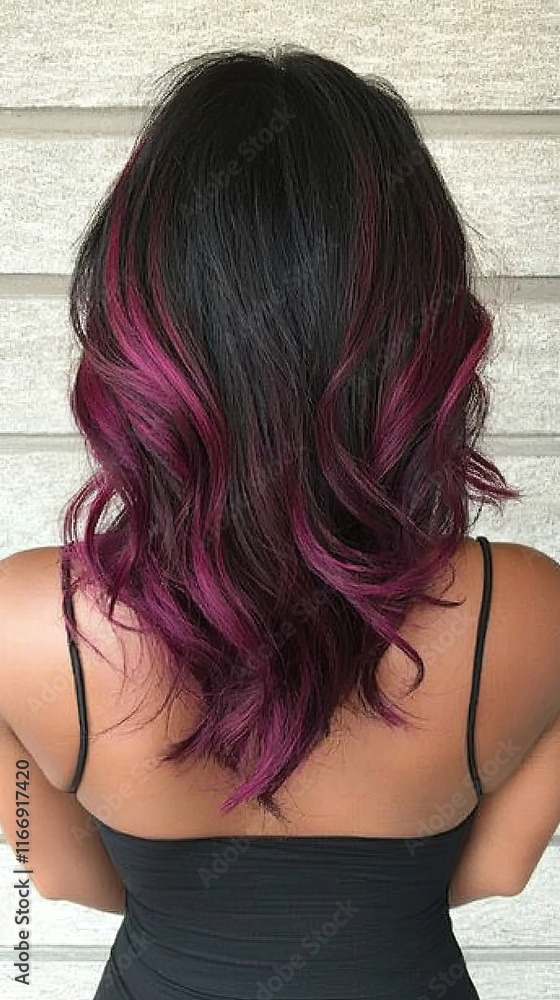 a woman with dark hair with purple highlights a woman with dark hair with purple highlights