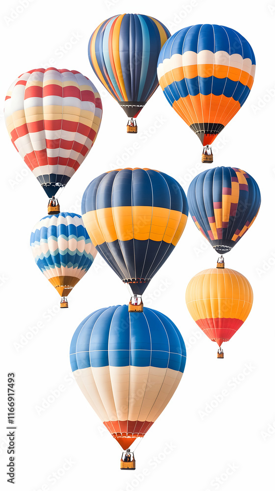 Fototapeta premium Colorful hot air balloons ascending against a white background; ideal for travel, adventure, or festival promotion.