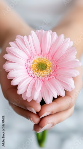 A person holding a pink flower in their hands