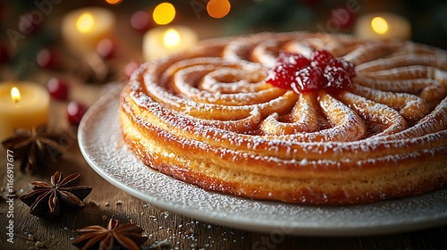 Festive Sweet Pastry Dessert With Cranberries and Powdered Sugar photo