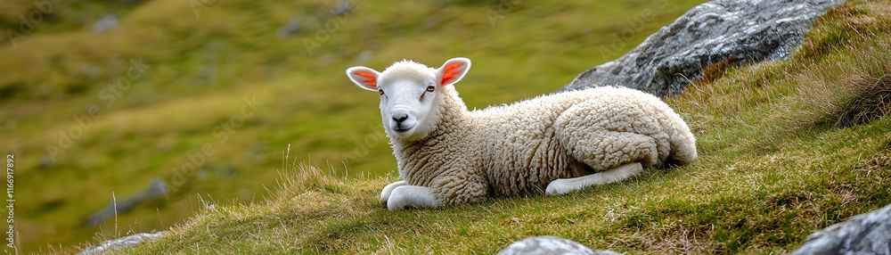 Adorable Sheep Resting on Grassy Hillside Photo Adorable Sheep Resting on Grassy Hillside Photo
