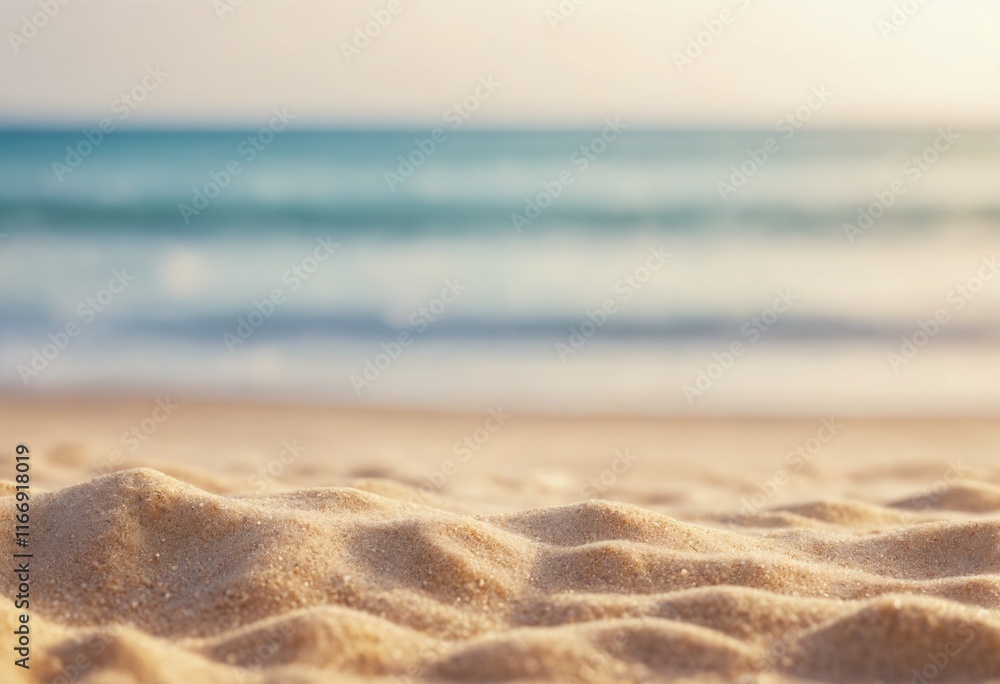 Seascape abstract beach background. blur bokeh light of calm sea and sky. Focus on sand foreground. Ai generator Seascape abstract beach background. blur bokeh light of calm sea and sky. Focus on sand foreground. Ai generator