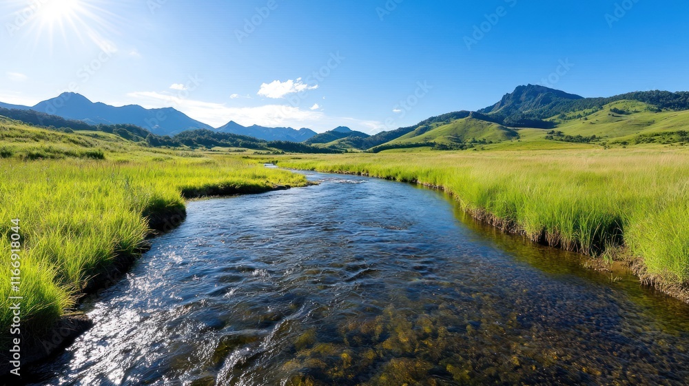 Obraz premium Serene landscape featuring a flowing river and lush green hills.