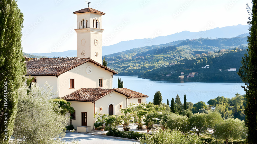 Fototapeta premium Lakeside Italian church, tranquil setting, mountain backdrop, perfect for travel brochures.