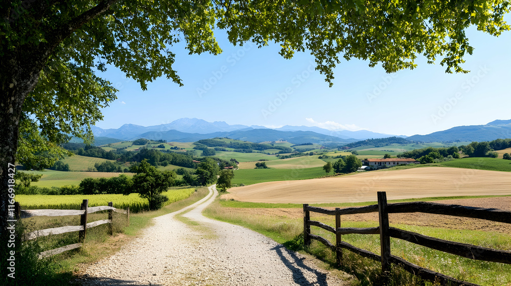 Country road leads to mountain range under sunny sky, farmland background, idyllic landscape for travel or tourism brochures. Country road leads to mountain range under sunny sky, farmland background, idyllic landscape for travel or tourism brochures.