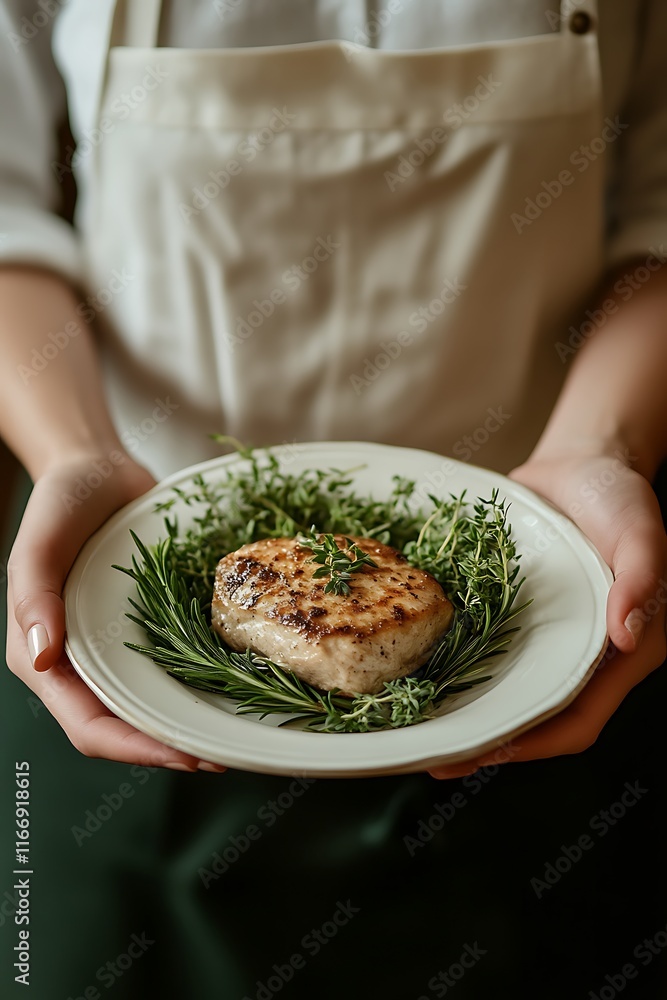 Grilled chicken breast served on a plate with herbs