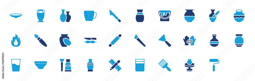 Set of Pottery Ceramic Classes icon. Paint Brush, Handcraft, Paint Roller, Ceramic, Glass, Handmade, Paint Brush, Pottery, Tool, Rolling Pin, Painting Brush, Shovel, Vase, Bowl vector illustration. Set of Pottery Ceramic Classes icon. Paint Brush, Handcraft, Paint Roller, Ceramic, Glass, Handmade, Paint Brush, Pottery, Tool, Rolling Pin, Painting Brush, Shovel, Vase, Bowl vector illustration.