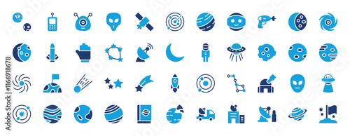 Set of Space icon. Radar Point, Ufo, Comet, Earth, Universe, Global, Star, Boost, Orbit, Telescope, Alien, Alien Ship, Orbit, Earth, Global, Planet, Science, Dish, Universe vector illustration. 