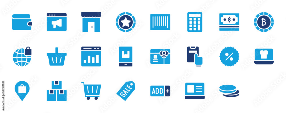 Set of ECommerce icon. Cart, Coin, Parcel, Calculator, Online Shop, Basket, Webpage, Gift Card, Smartphone , Sale, Location, Add, Laptop, Wallet, Online Marketing, Store, Star vector illustration. Set of ECommerce icon. Cart, Coin, Parcel, Calculator, Online Shop, Basket, Webpage, Gift Card, Smartphone , Sale, Location, Add, Laptop, Wallet, Online Marketing, Store, Star vector illustration.