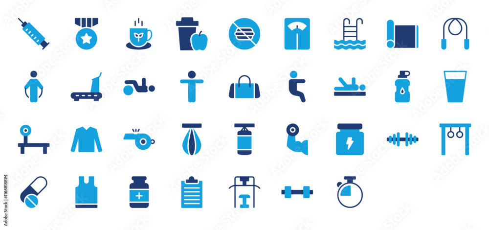 Set of Exercise icon. Shirt, Timer, Skipping Rope, Exercise, Treadmill, Yoga, Bag, Energy Drink, Glass Of Water, Whistle, Sand Bag, Boxer, Muscle, Protein Powder, Dumbbell, Pull vector illustration. Set of Exercise icon. Shirt, Timer, Skipping Rope, Exercise, Treadmill, Yoga, Bag, Energy Drink, Glass Of Water, Whistle, Sand Bag, Boxer, Muscle, Protein Powder, Dumbbell, Pull vector illustration.