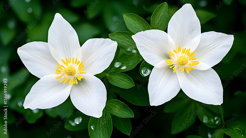 Two white flowers with yellow centers, blooming in a garden with green leaves, close-up view, ideal for nature or botanical publications.