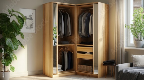 Modern Wooden Wardrobe with Open Doors in Stylish Interior Space
