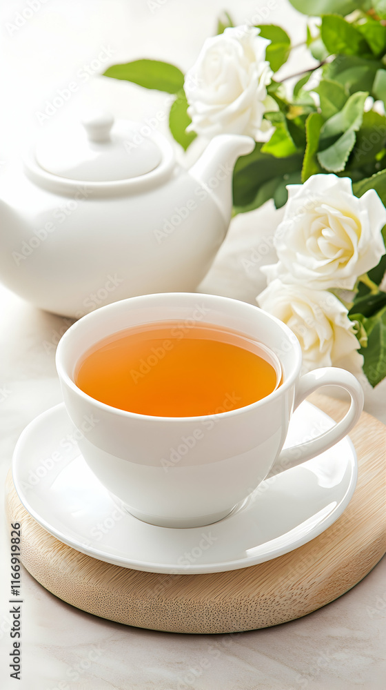White teacup of tea, teapot, and white roses on wooden coaster. Relaxing morning tea scene for website or blog. White teacup of tea, teapot, and white roses on wooden coaster. Relaxing morning tea scene for website or blog.