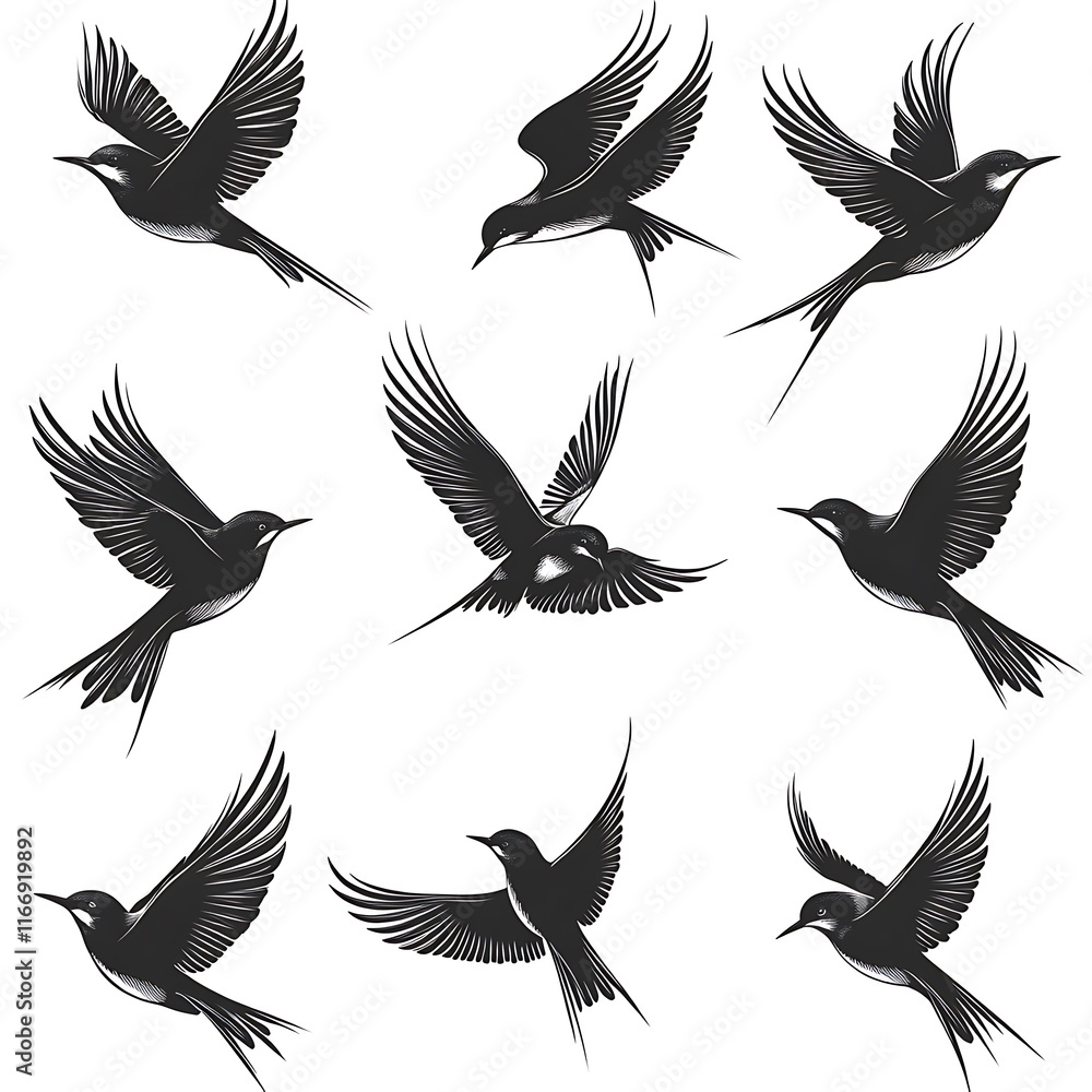 Nine Black Birds in Flight, Vector Illustration Nine Black Birds in Flight, Vector Illustration