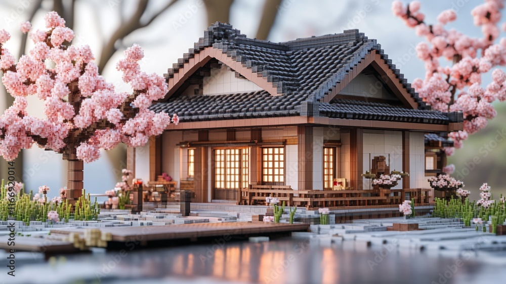 traditional japanese house building with cherry blossom tree on springtime traditional japanese house building with cherry blossom tree on springtime