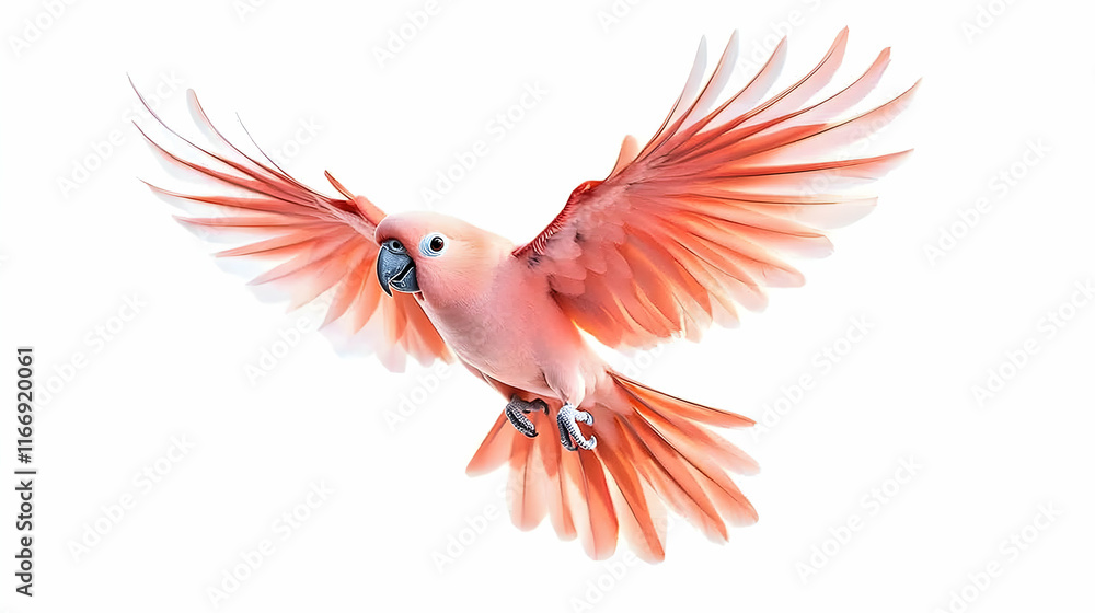 Fototapeta premium Pink cockatoo in flight against a white background; perfect for websites, advertising, or educational materials.