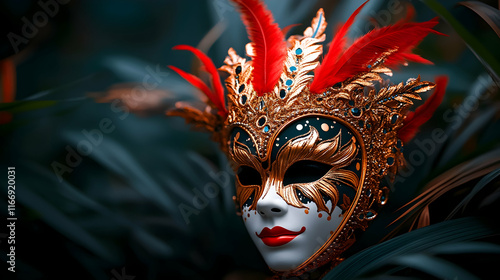 Ornate Venetian mask amidst lush foliage; mystery, elegance, celebration; ideal for masquerade, carnival event promotion. photo