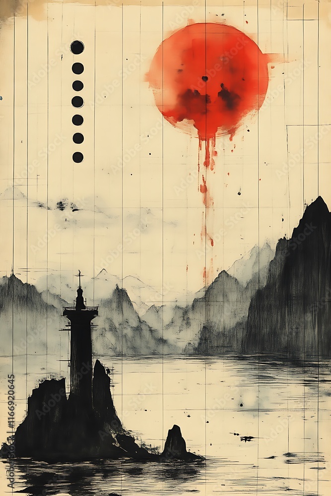Abstract Seascape with Lighthouse and Bleeding Red Sun